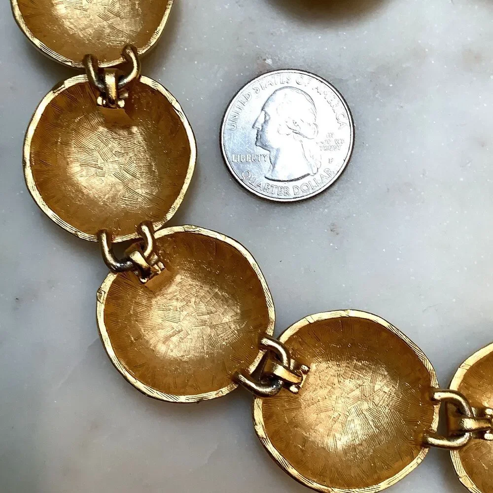 Vintage Anne Klein Necklace Earrings Set Chunky Bib Brushed Gold Collar Signed
